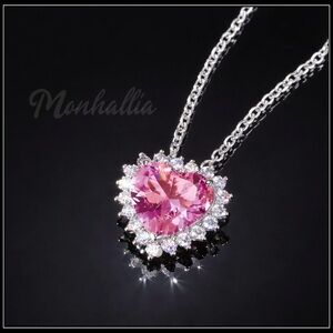 NEW SILVER & PINK DIAMOND CRYSTAL HEART HALO PENDANT NECKLACE
